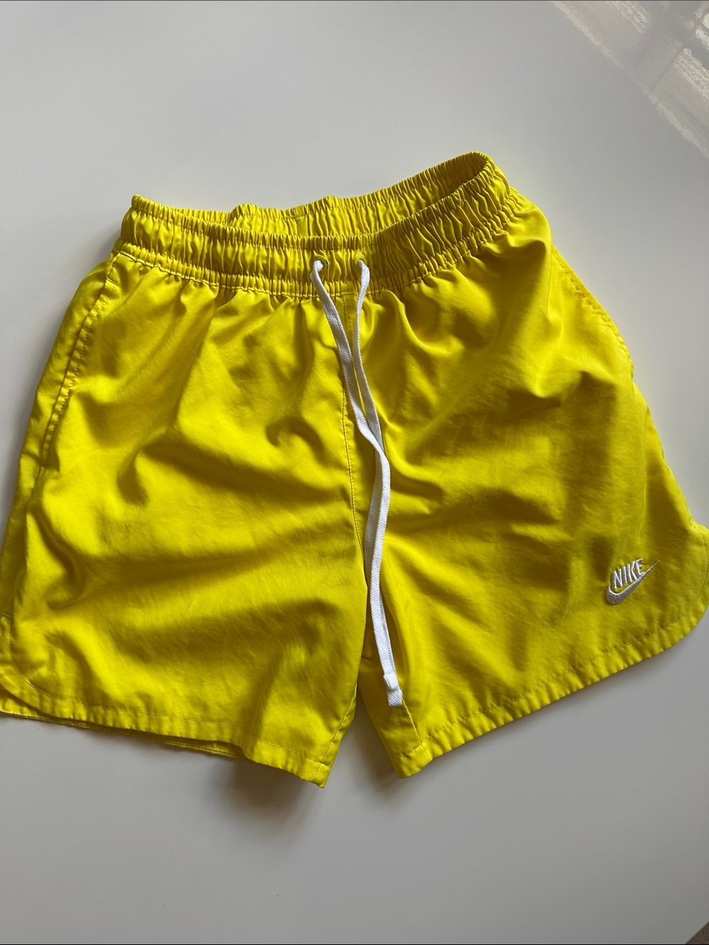 Nike Bright Yellow Men's Swim Trunks with White Drawstring